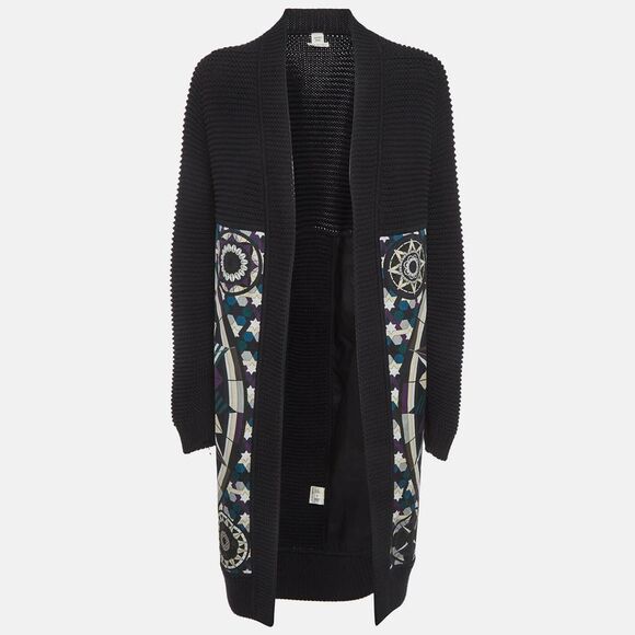 Hermes Sweaters - Hermes Black Printed Cotton And Purl Knit Long Cardigan S